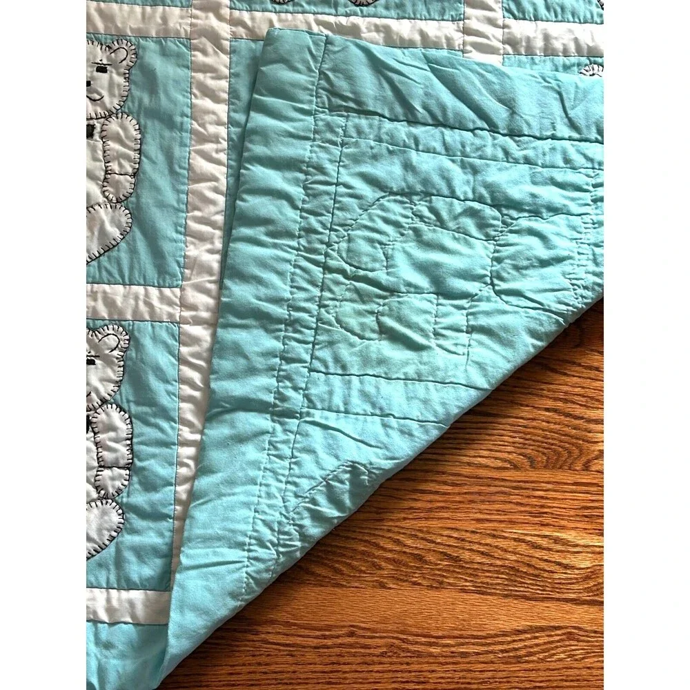 Handmade White with Blue Teddy Bear Hand Quilted Baby Toddler Blanket 50 X 39